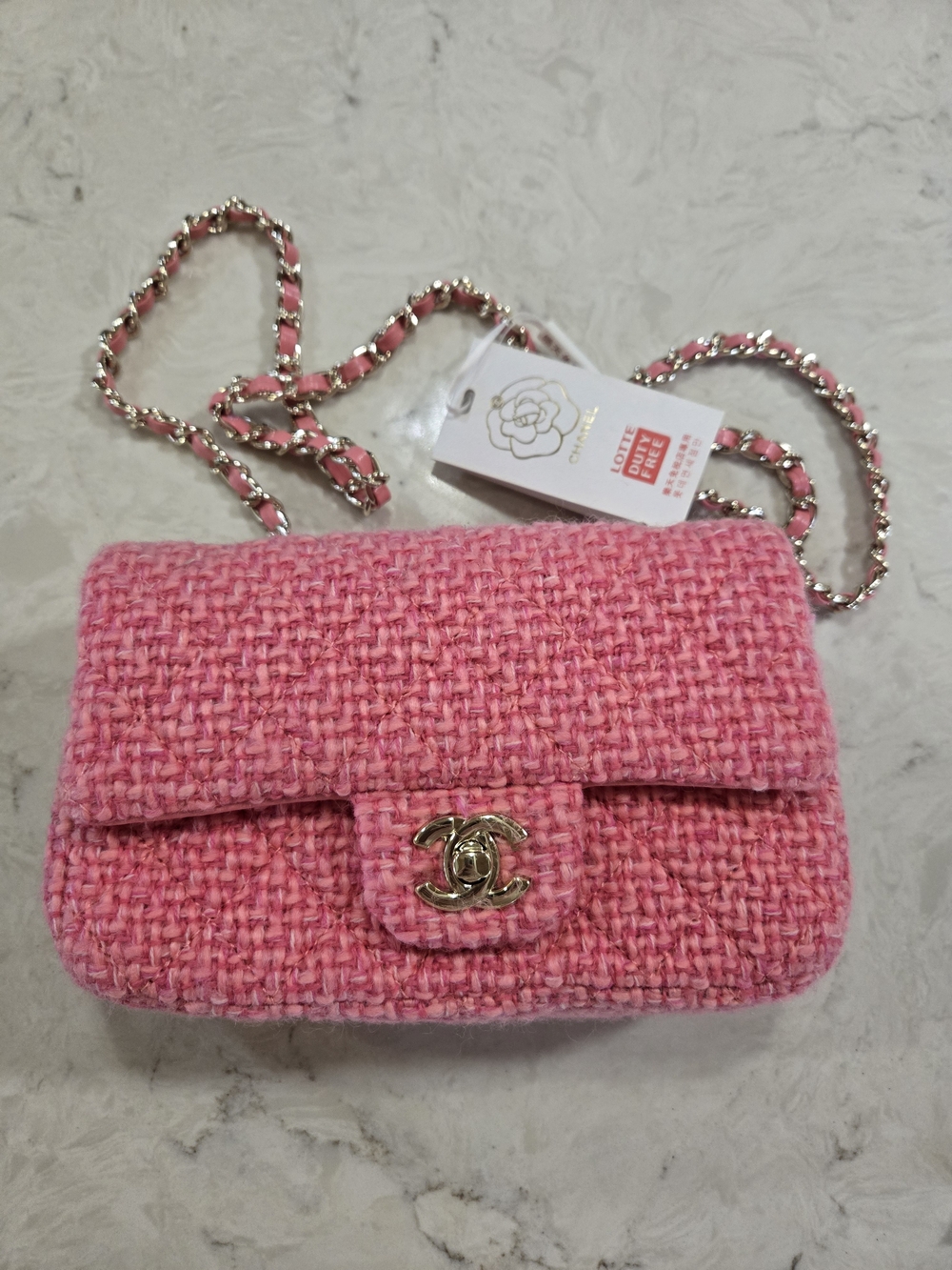 CC Pink Tweed Mini Chain Shoulder Bag with Gold Hardware
